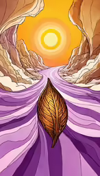 an abstractally designed painting shows a boat with the sun in the distance