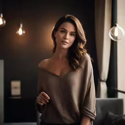 a woman is sitting in a room with some lights on