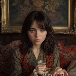 a woman is holding a glass in a room