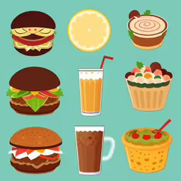 a picture of an assortment of food items including drinks,the illustration shows hamburgers and drinks,a bunch of different foods are in the same color,a photo with different food items around it,a bunch of food items are set out in order to be eaten