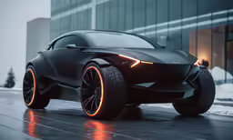 an electric car with orange wheels is shown in front of a glass building