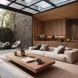 a living room with white furniture and a stone wall