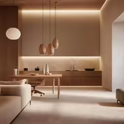 some lights on overhead in a spacious living room