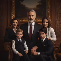 a family in suits sitting together with the woman standing behind them