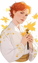 a redhead haired girl is wearing a white blouse