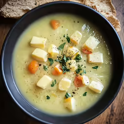 a bowl full of soup sitting on top of a table