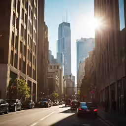 some tall buildings near a street with many cars and a sky scraper