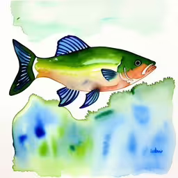 watercolor painting of a fish leaping off of a cliff,watercolor drawing of a fish with blue stripes