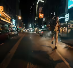 a man walking down a street at night