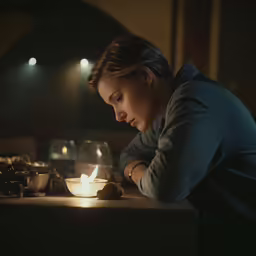 a woman sitting at a table looking down and holding a glass
