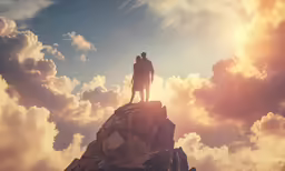 a man standing on top of a mountain surrounded by clouds