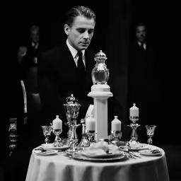 a man in a suit setting a table at a restaurant