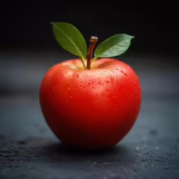 a red tomato with a leaf sitting on top of it