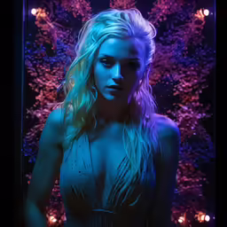 a woman in a dress with blue light on
