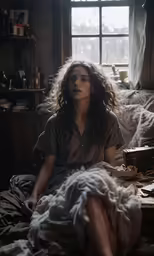 a young lady sitting on a bed and looking out a window