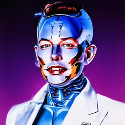 a painting of a man with his face painted and hair in rollers