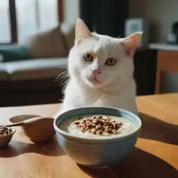 a white cat in a bowl and some cereal