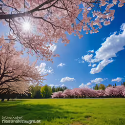 some pretty pink trees and grass under a cloudy blue sky