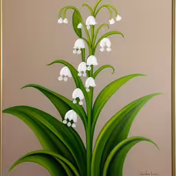 a painting depicting lily of the valley, painted on canvas,a painting with flowers and green leaves in it,painting of white flowers and leaves with a brown background,a picture of flowers on a wall near a frame,there is a painting of flowers in a vase