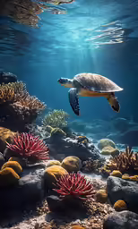a turtle swimming in the water over a coral reef