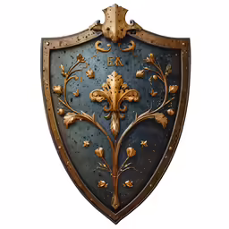 a decorative blue and gold shield with leaves