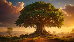 the sunset lights up an old tree with large, twisted branches,there is an image of a tree with very long roots