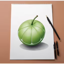 an apple on paper with a fountain pen on the side