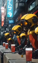 robot sculptures lined up outside in front of buildings