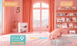 there is a bed room with pink walls and a window