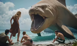 a person is posing with some kids near a fake sea monster