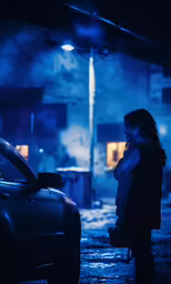 a woman is standing next to her car outside at night