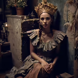 a woman in a crown sits by some wooden boxes