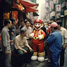 a group of people standing around a giant statue,an adult poses with mario in front of a group of people