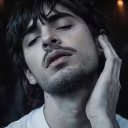 the man with black hair and beard has his eyes closed