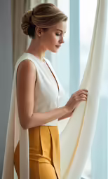 the woman is posing for the camera with her hands near her body