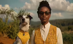 a lady with sunglasses and a dog on the side
