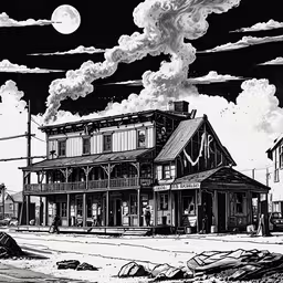 the front and rear sides of an older house in black and white,a drawing of a tall building and a full moon