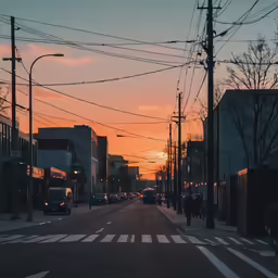 an empty street at sunset in a city