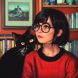 the painting is depicting a woman and cat in front of a bookshelf