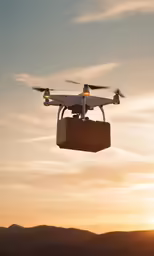 a large white flying in the air with a box underneath