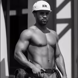 a black and white photo of a shirtless man wearing a hard hat