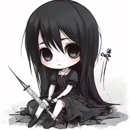 a girl with black hair wearing a sword