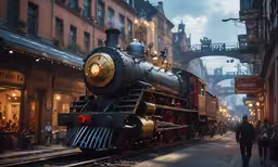 a train sits in the middle of a street,a train passing by a very large building