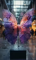a butterfly sculpture with large wings and purple flowers