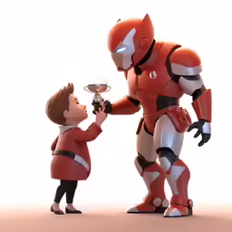 a little boy playing with a robot next to a man