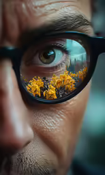 man looking through magnifying glass with yellow flowers on it