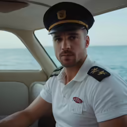 a man in uniform driving a car in the ocean