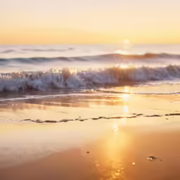 a beach with water, waves, and sun at sunset