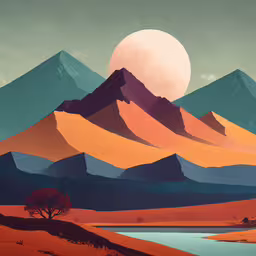 a poster of mountains are shown in a desert area,the moon shines brightly over mountains in this artwork print