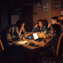 a group of people are sitting around a table with their laptops